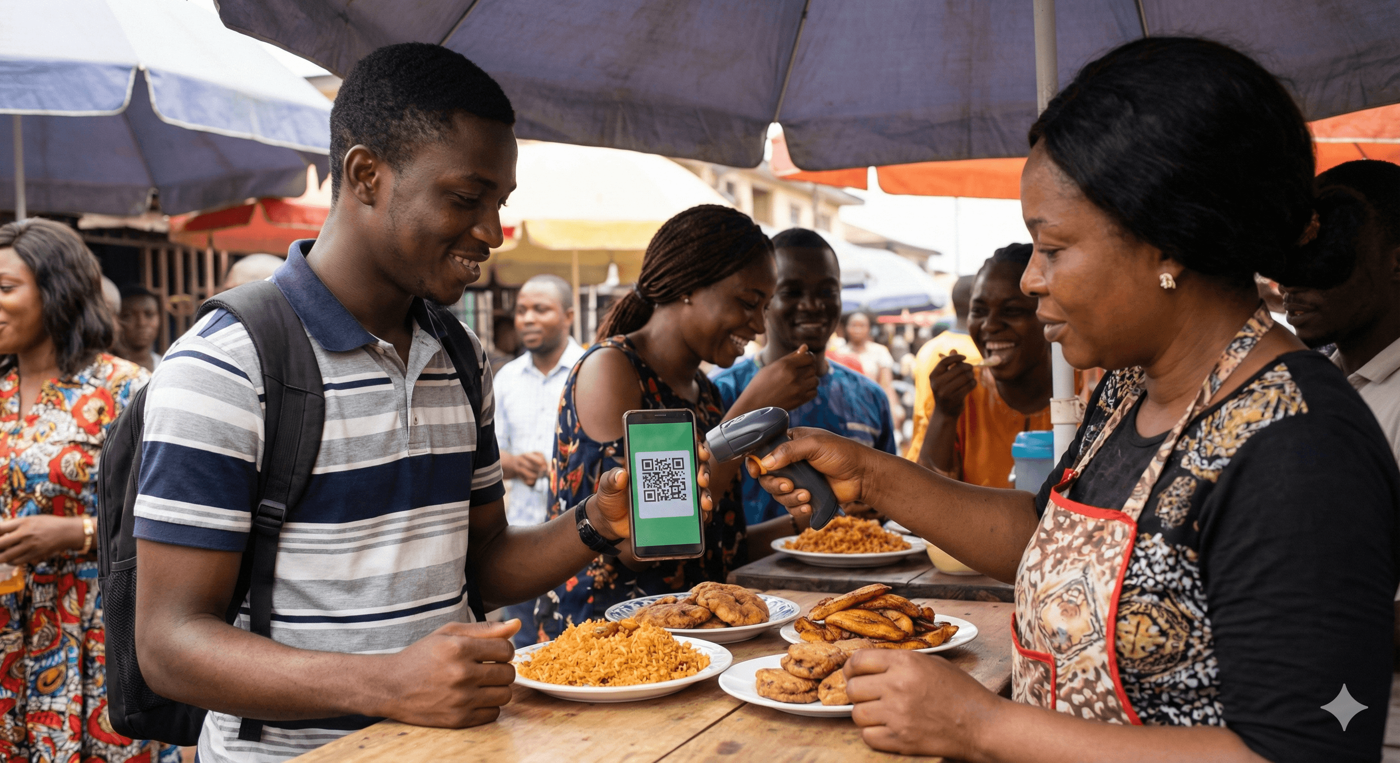 African vendor smiling while receiving mobile payment