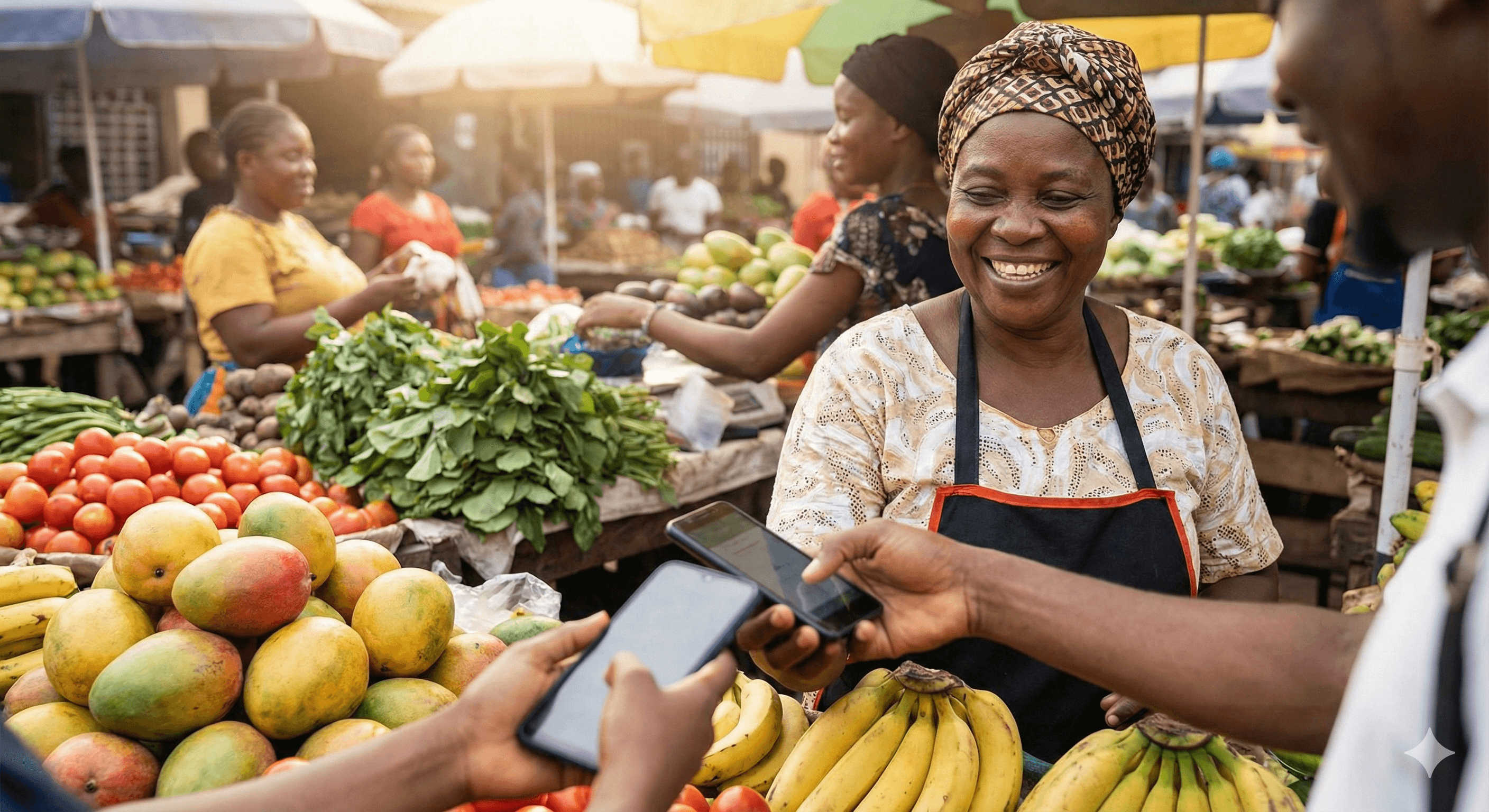 African market vendor accepting POS payment with fruits